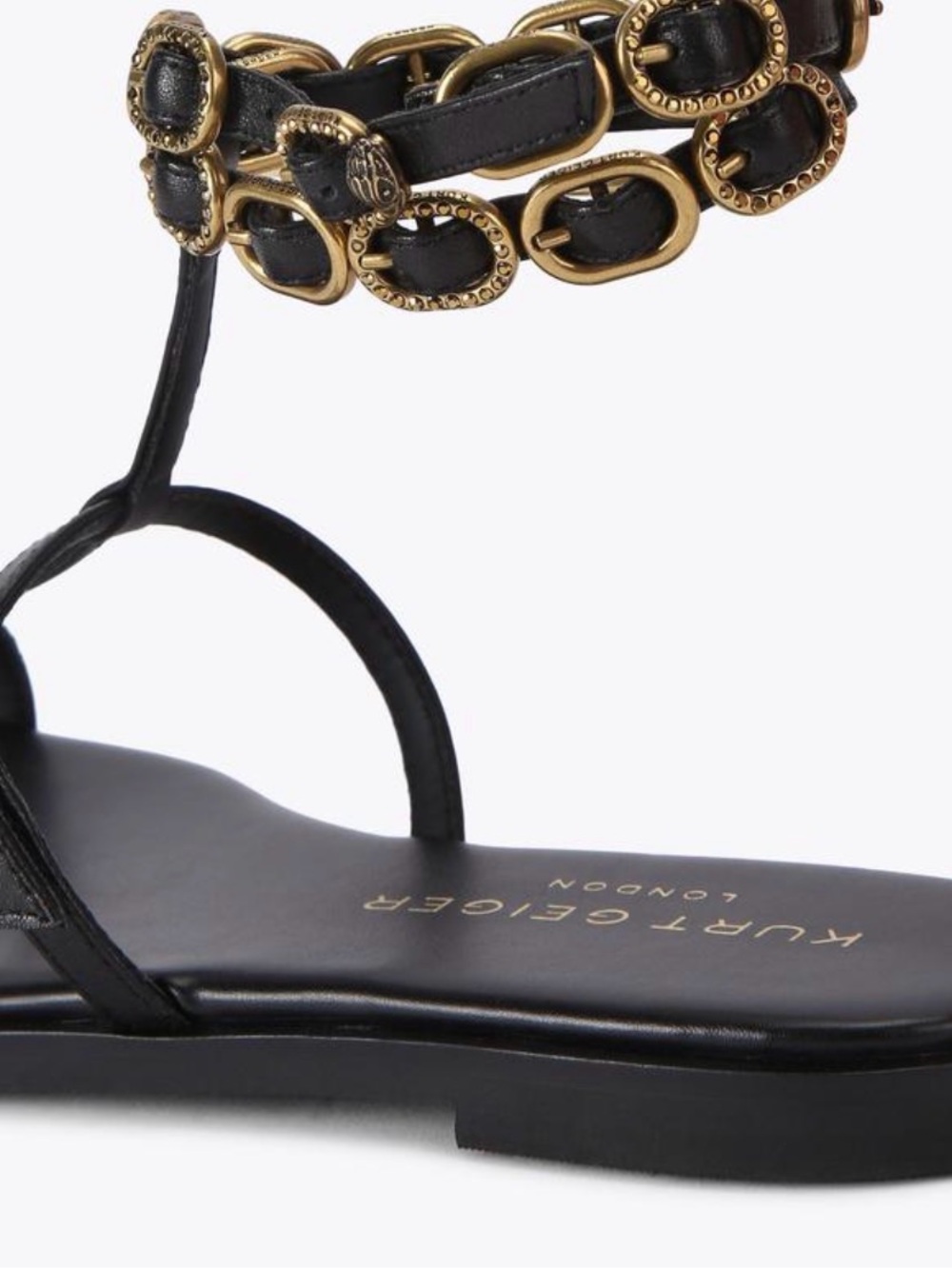 Kurt Geiger Black Leather T-Strap Sandals with Gold Chain Detail - Picture 5 of 5